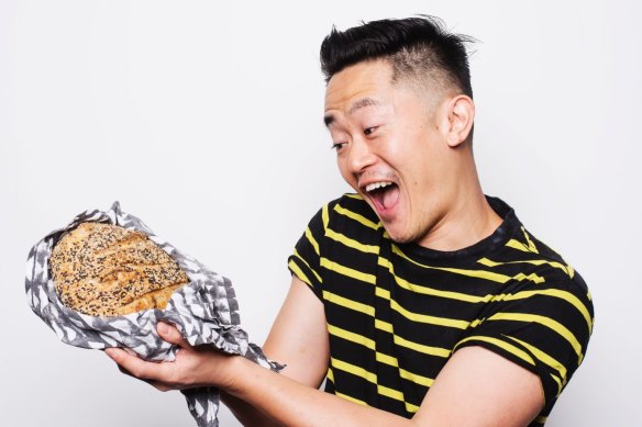Lovingly crafted: Benjamin Law with his finished sourdough loaf.