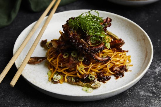 Char-grilled octopus chow mein with house-made XO at Laurus.