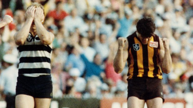 Chris Langford celebrates, while Gary Ablett laments Geelong's defeat.