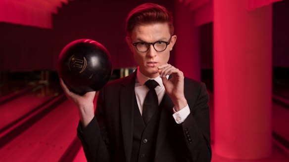 Bowled over: comedian Rhys Nicholson at Kingpin Bowling in Melbourne.