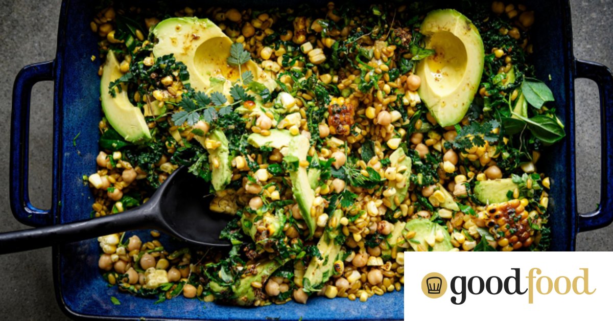 Farro, corn, chickpea and avocado salad with chipotle lime dressing