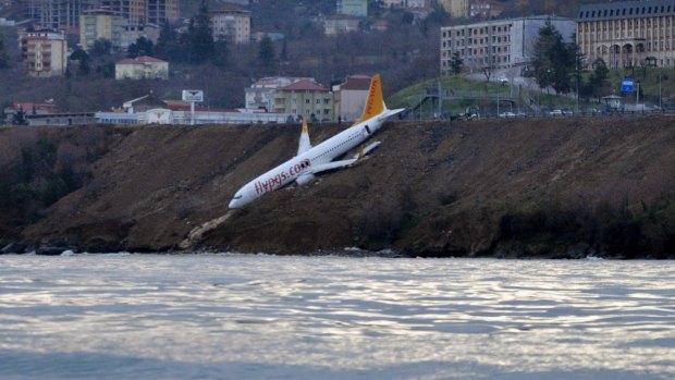 A Boeing 737-800 belonging to Pegasus Airlines after skidding off the runway at Trabzon Airport in Turkey.