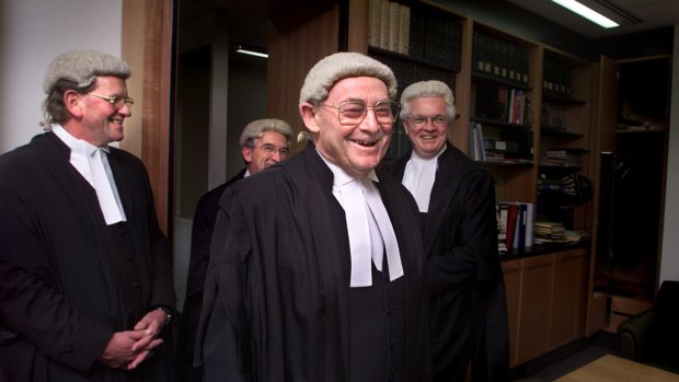 Adrian Smithers and fellow judges in his chambers following his retirement ceremony in 2002.