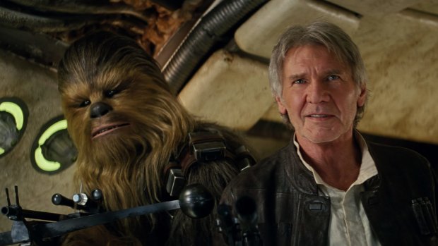 Harrison Ford as Han Solo with Chewbacca in <i>Star Wars: The Force Awakens.</i>