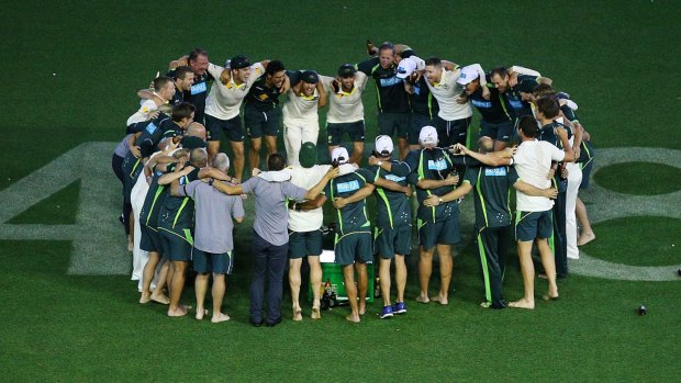 The Australian team and support staff celebrate after an emotional win. Will the team be able to ride the wave throughout the gruelling Test schedule?