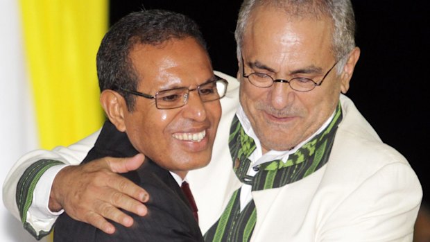 East Timorese President Taur Matan Ruak, left, embraces his predecessor, Jose Ramos-Horta, during his inauguration in Dili in 2012.