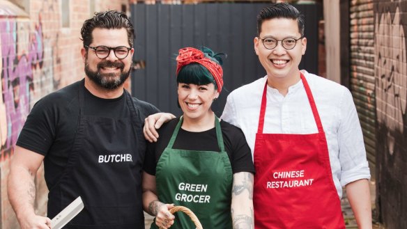 The town of Jindivick will get a food makeover for Melbourne Food and Wine Festival. Pictured from left: chefs Alejandro Saravia, Shannon Martinez and Victor Liong.