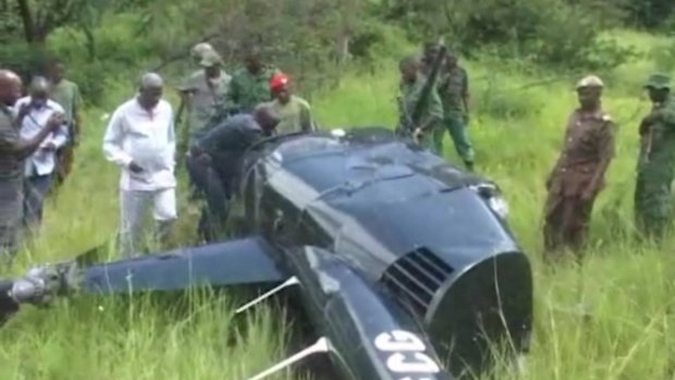 In an image taken from local television footage, Jumanne Maghembe, Tanzania's Minister for Tourism and Natural Resources, and officials walking towards helicopter wreckage at the site where a British pilot was killed after his helicopter was fired on by elephant poachers in Tanzania last month. 