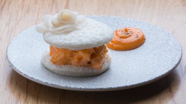 The prawn sando, with pert, poached prawns, pickled daikon and a thousand island-ish 'pink sauce' on soft milk bread.