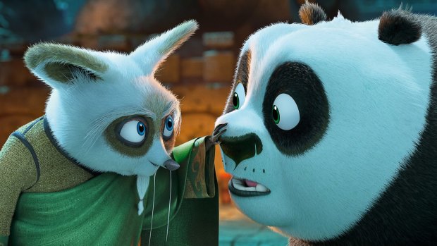 Master Shifu (voiced by Dustin Hoffman) and Po (Jack Black).