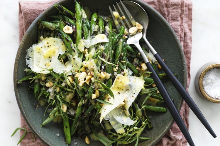 Grilled bean and hazelnut salad with mustard dressing.