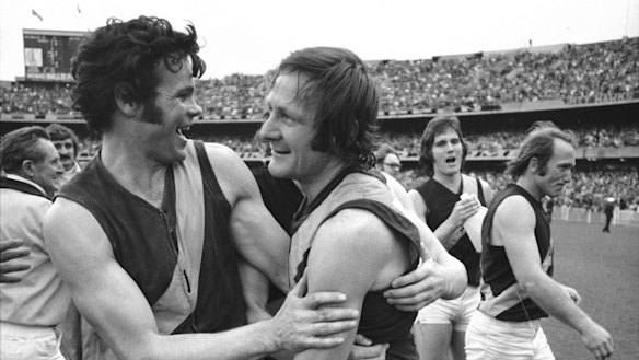 Francis Bourke and Kevin Sheedy celebrate after the 1974 grand final.