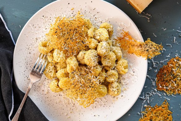 Cacio e pepe (cheese and pepper) gnocchi with cacio e pepe crisps.