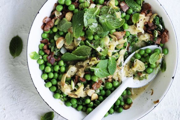 Winter warmer: Braised peas and bacon on the side.