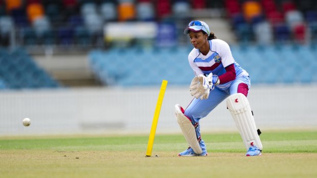 West Indies women's cricket captain Merissa Aguilleira training at Manuka Oval on Monday.