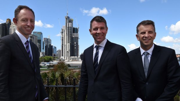 Program director of Sydney Metro Rodd Staples (left) with Premier Mike Baird  and Minister for Transport and Infrastructure Andrew Constance  moments after making a Sydney Metro announcement at Barangaroo last year. 