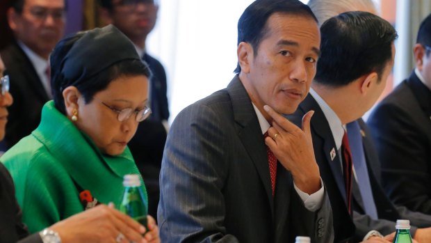 Joko Widodo and his Foreign Minister, Retno Marsudi, at the meeting with Australian business leaders.