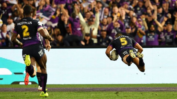 Flying high: He may not have celebrated elaborately, but Josh Addo-Carr gets horizontal for the dive for the line.