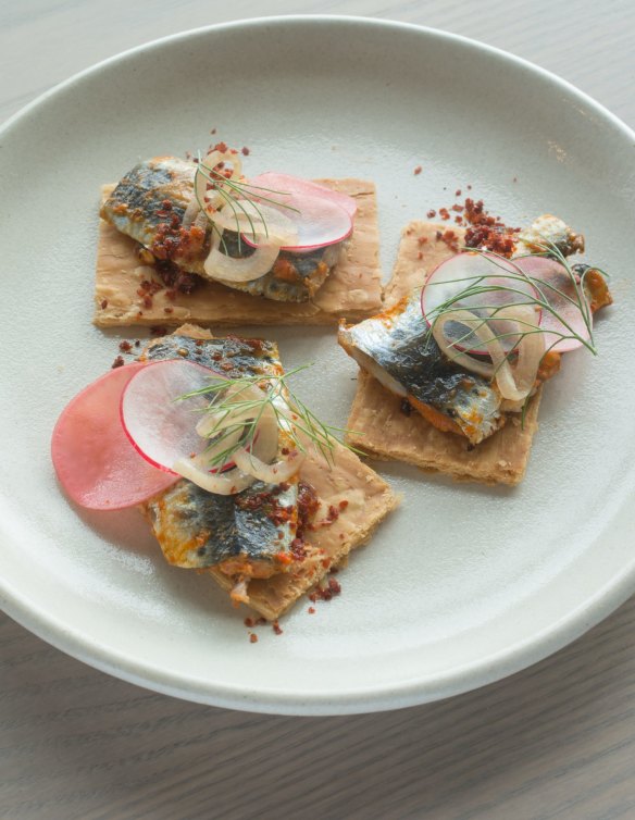 Sardines, harissa, crispy pastry, onion pickle 