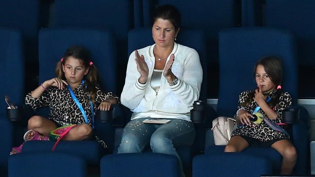 Mirka Federer with her daughters Myla Rose and Charlene Riva at the Hopman Cup earlier this year.