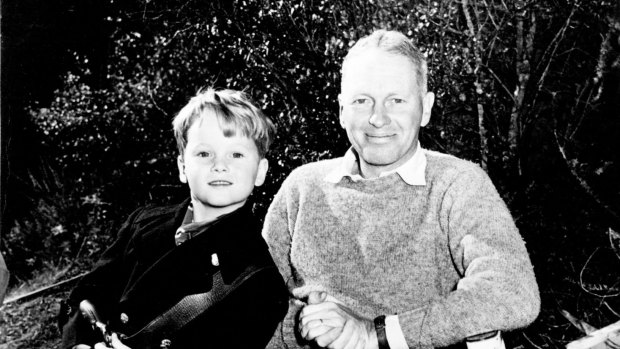 John Farrow poses with his six-year-old son Michael, during location filming of <i>California</i> in 1946.
