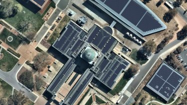 A mock-up of the Australian War Memorial covered in solar panels. 