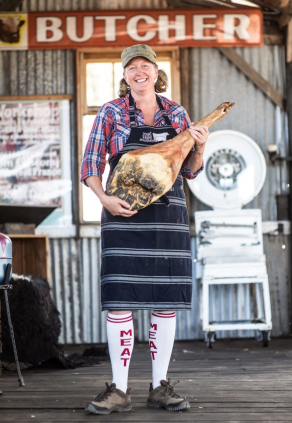 Victorian butcher Tammi Jonas and her jamon at Jonai Farms and Meatsmith, Eganstown.