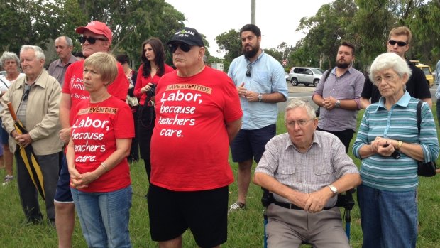 Labor supporters gather outside Eventide Nursing Home where Opposition Leader Annastacia Palaszczuk spoke on Wednesday.