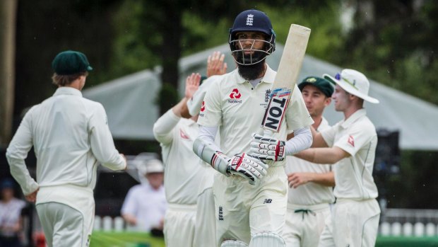 False stroke: Moeen Ali of England is dismissed at Richardson Park in Perth.