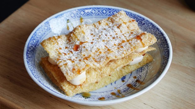 Chinese mille-feuille with Sichuan custard, wonton skins and pineapple.