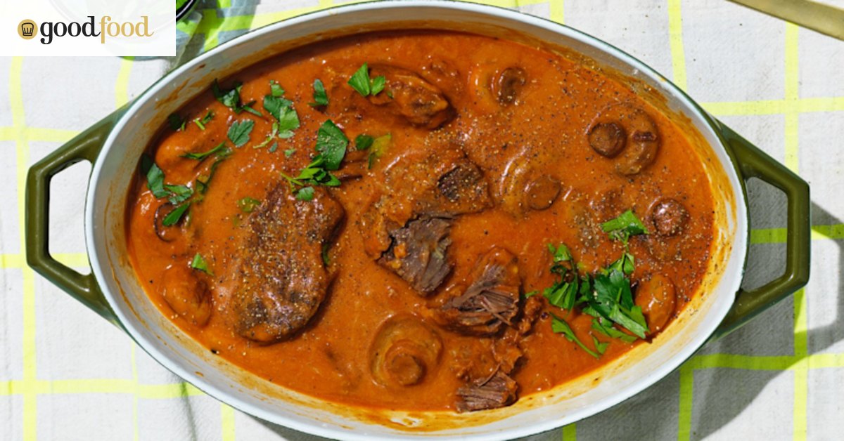 Beef cheek and whole mushroom stroganoff