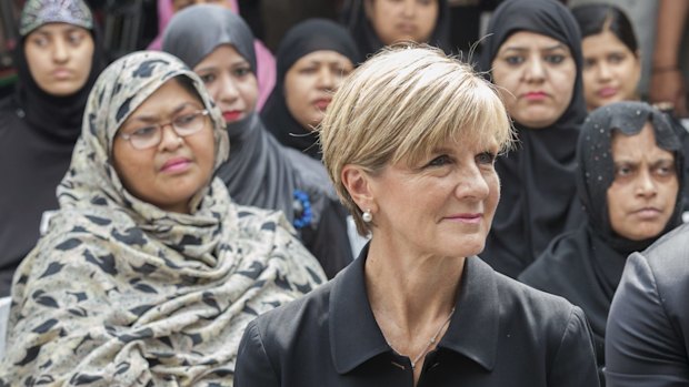 Foreign Minister Julie Bishop, pictured in New Delhi, says DFAT officials acted appropriately and professionally in the case of an Australian couple who left behind their baby boy, born through surrogacy, in India.
