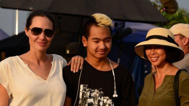 From left, Angelina Jolie, Maddox Jolie-Pitt and Loung Ung on the set of First They Killed My Father.