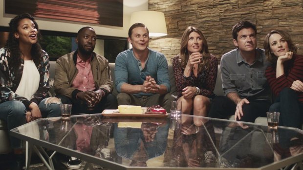 Couples gather for a night of fun: (left to right) Kylie Bunbury as Michelle, Lamorne Morris as Kevin, Billy Magnussen as Ryan, Sharon Horgan as Sarah, Bateman as Max and McAdams as Annie.