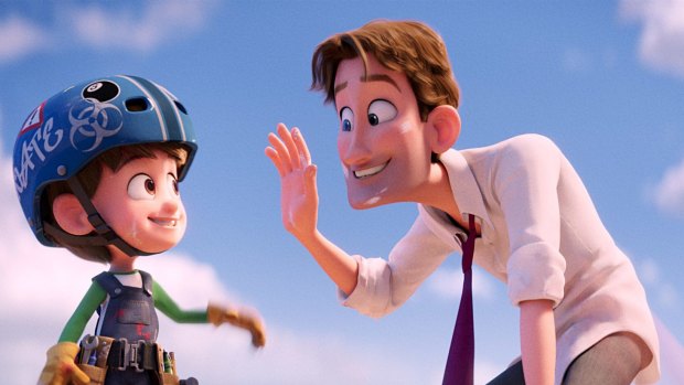Nate Gardner, voiced by Anton Starkman (left) and Henry Gardner voiced by Ty Burrell. <i>Storks</i> seems to be aiming for the zaniness of a Looney Toon.