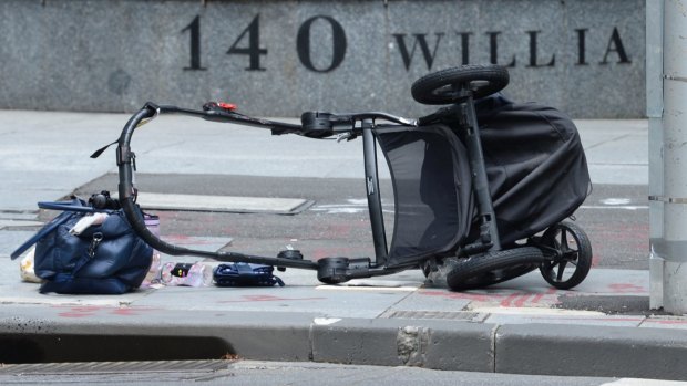 An upturned pram in Bourke Street on the day of the incident.