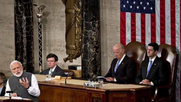 US vice president Joe Biden and House Speaker Paul Ryan listen as India's prime minister Narendra Modi addresses a joint meeting of US Congress in June. 