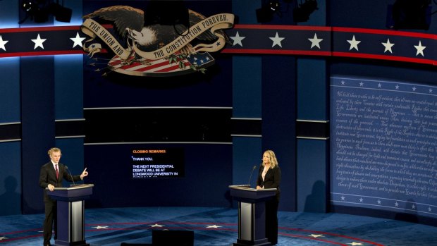 Student stand-ins act as Donald Trump(left) and Hillary Clinton during rehearsal for the first US presidential debate at Hofstra University in Hempstead, New York.
