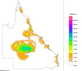 Queensland rainfall as recorded on Monday. The bureau predicts the state's south-east will be drenched at the weekend.