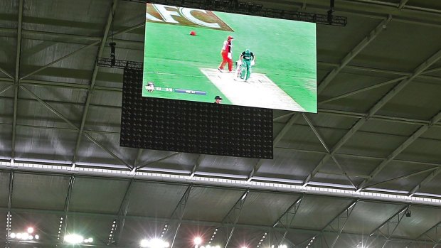 The screens hang above the field during the WBBL curtain-raiser on Saturday.