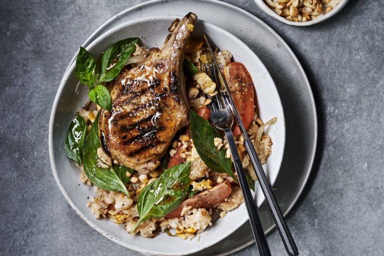 Sticky Thai pork cutlets with tomato fried rice.  