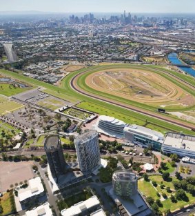 An aerial artist's impression of the four apartment towers - one at left, three at bottom - at Flemington Racecourse. 