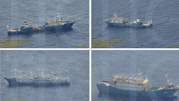 Surveillance pictures of Chinese coast guard ships and barges at the Scarborough Shoal in the South China Sea. 