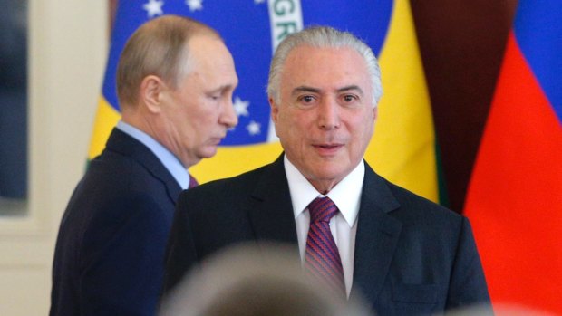 Russian President Vladimir Putin, left, and Brazilian President Michel Temer in Moscow, Russia, on Wednesday,.