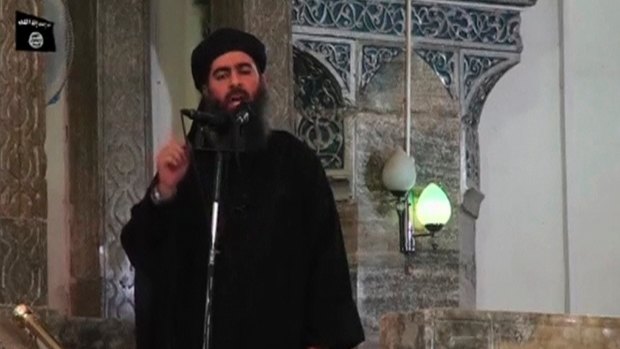 IS leader Abu Bakr al-Baghdadi at a mosque in the Iraqi city of Mosul in 2014.