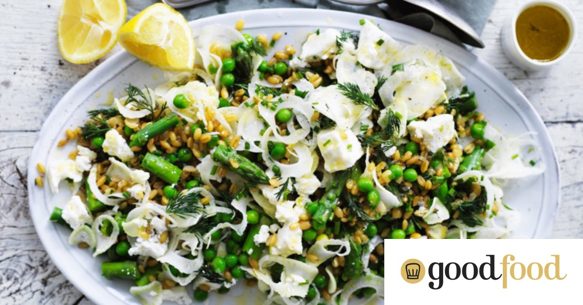 Farro and spring vegetable salad with dill, feta and lemon