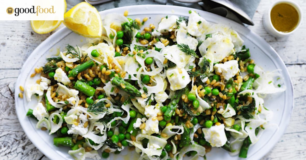 Farro and spring vegetable salad with dill, feta and lemon