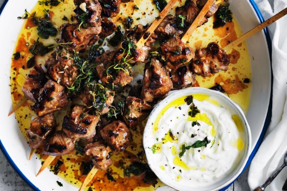 Neil Perry recipe : Lemon and oregano lamb skewers with cucumber yoghurt.