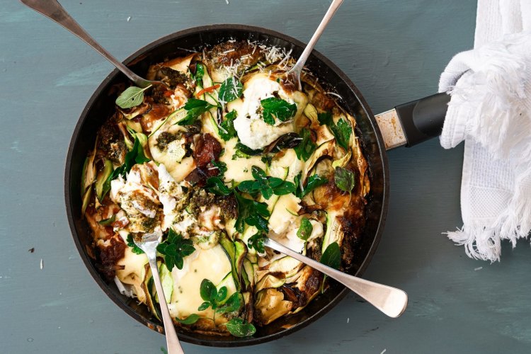 Frypan zucchini,caponata, ricotta and pesto vegetarian lasagne. 