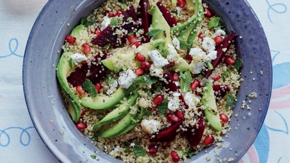 Good night: Colourful goat's cheese, avocado, beetroot and quinoa salad. 
